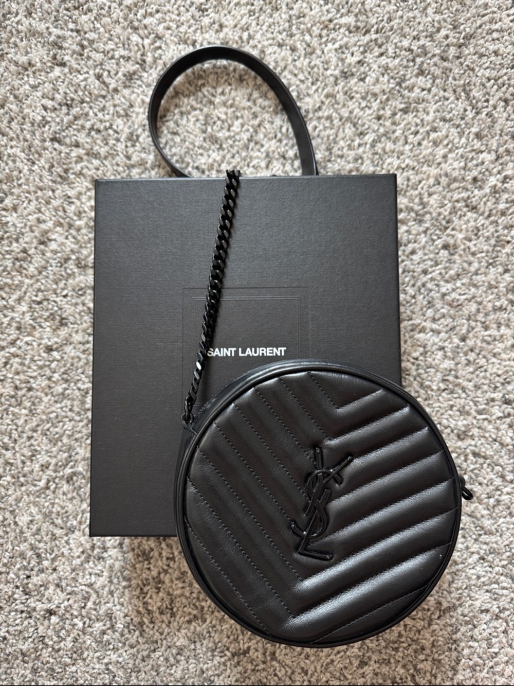 Saint Laurent Vinyle Round Camera Bag Chevron Calfskin Crossbody Black GHW
